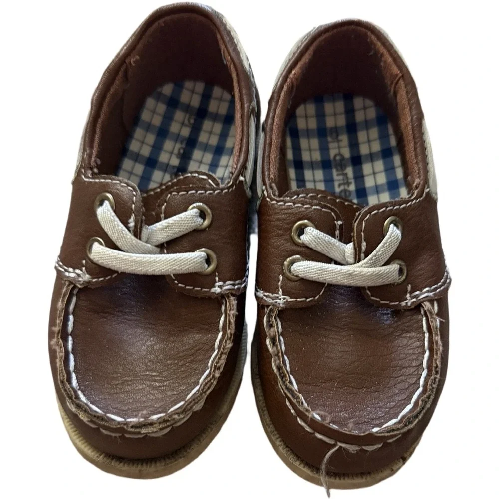 Carter's Toddler Boat Shoes Brown Faux Leather Lace Loafers Size 6 Boys Preppy